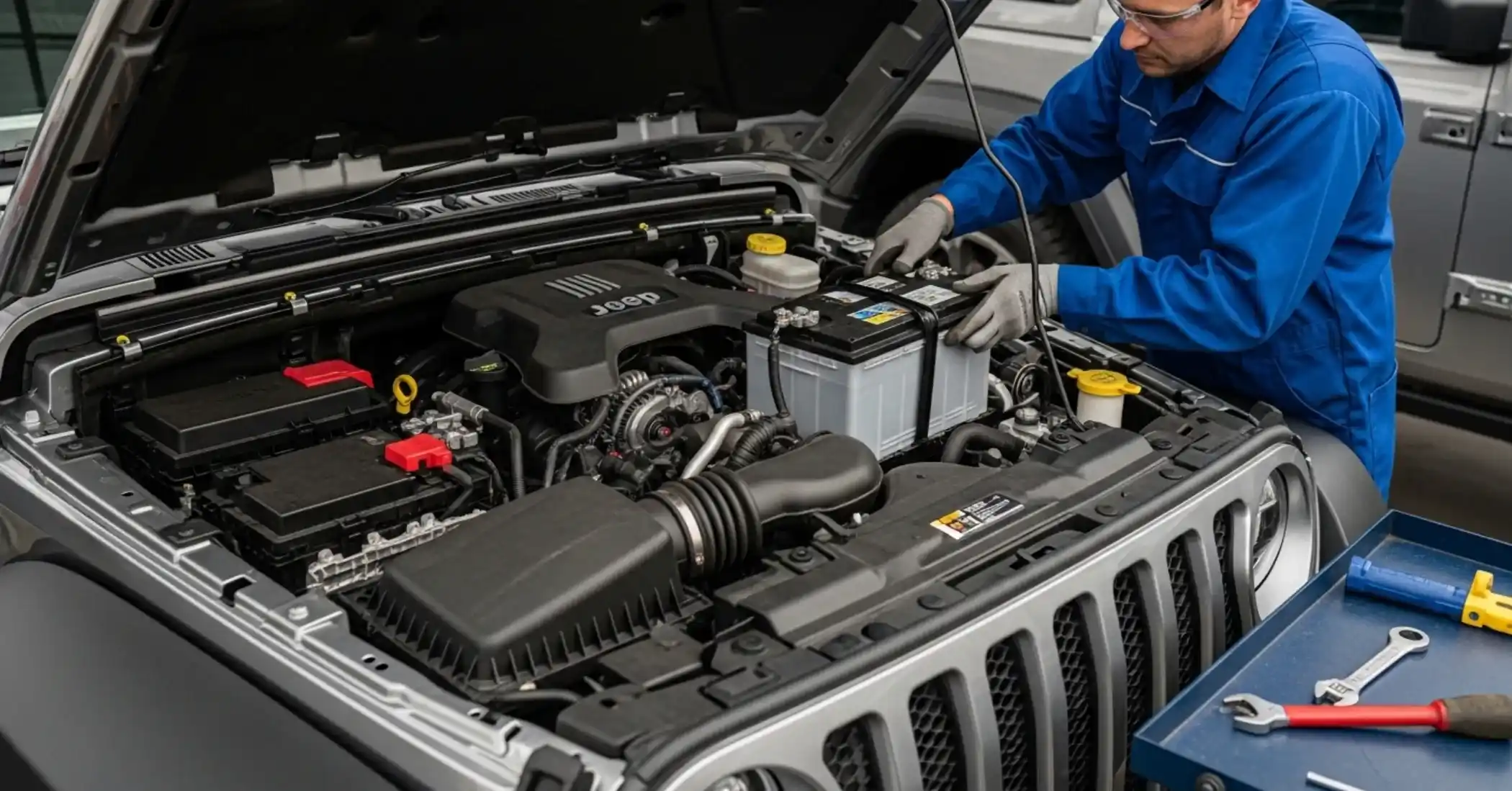 Technician working on the battery of a Jeep Wrangler behind its slotted grille