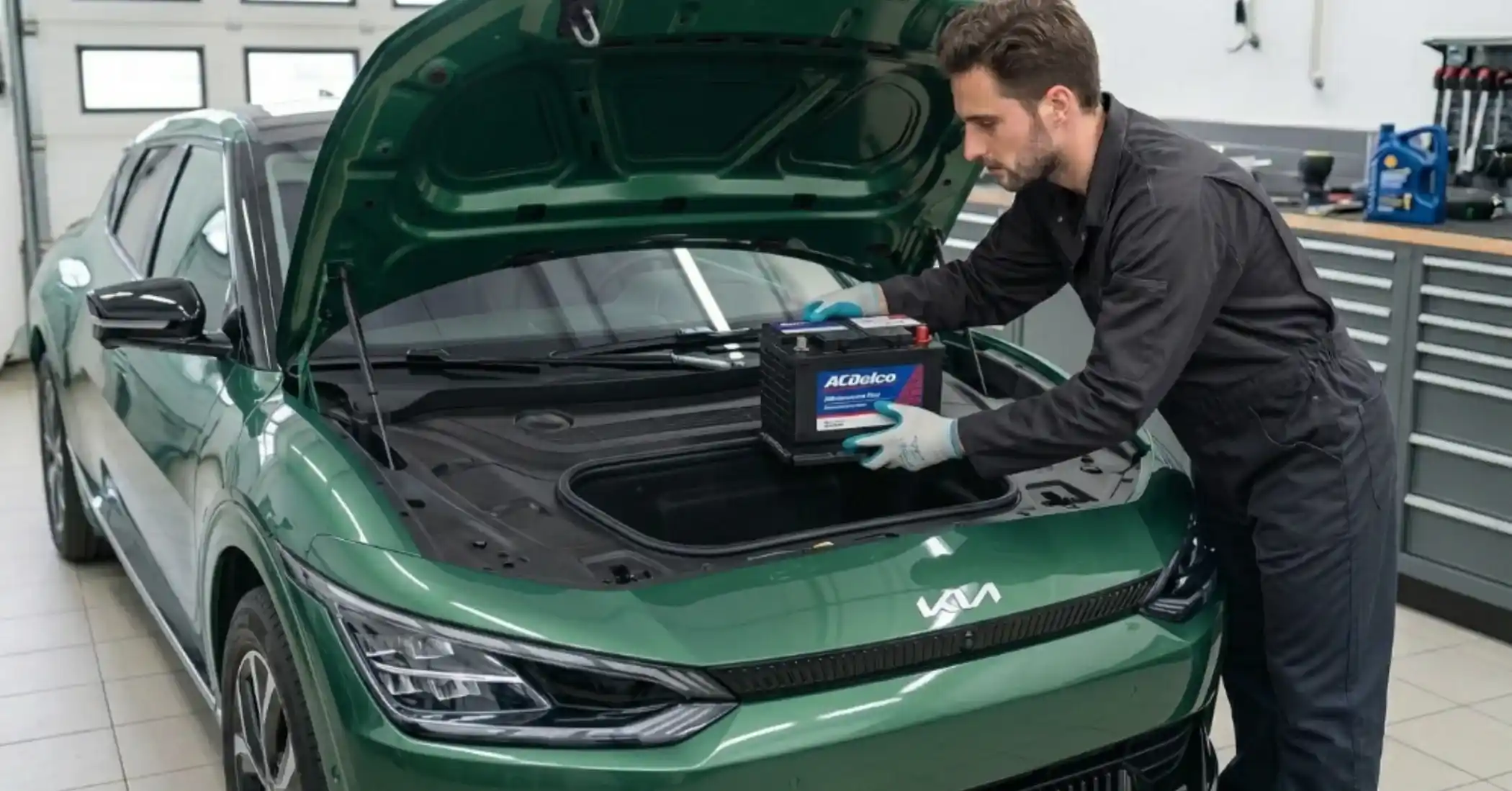 Technician placing an ACDelco battery under the open bonnet of a green Kia