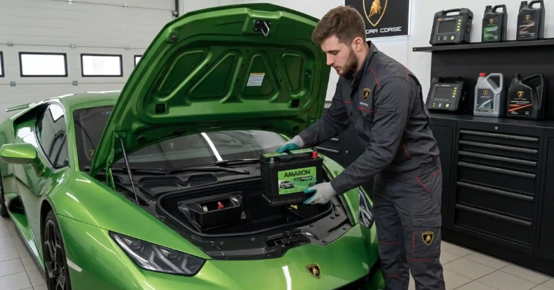Technician lifting an Amaron battery into the front of a green Lamborghini