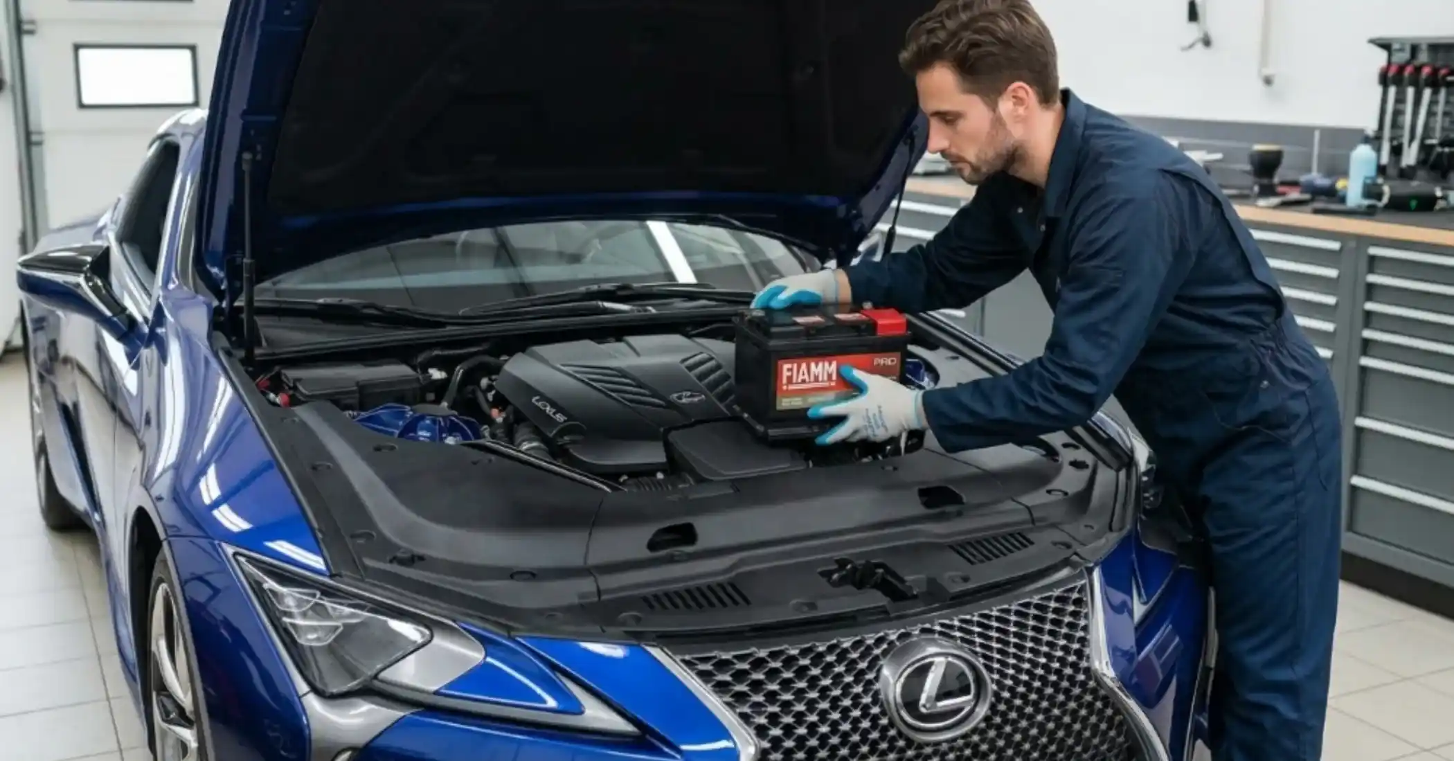 Technician fitting a FIAMM battery to a blue Lexus with its bonnet raised