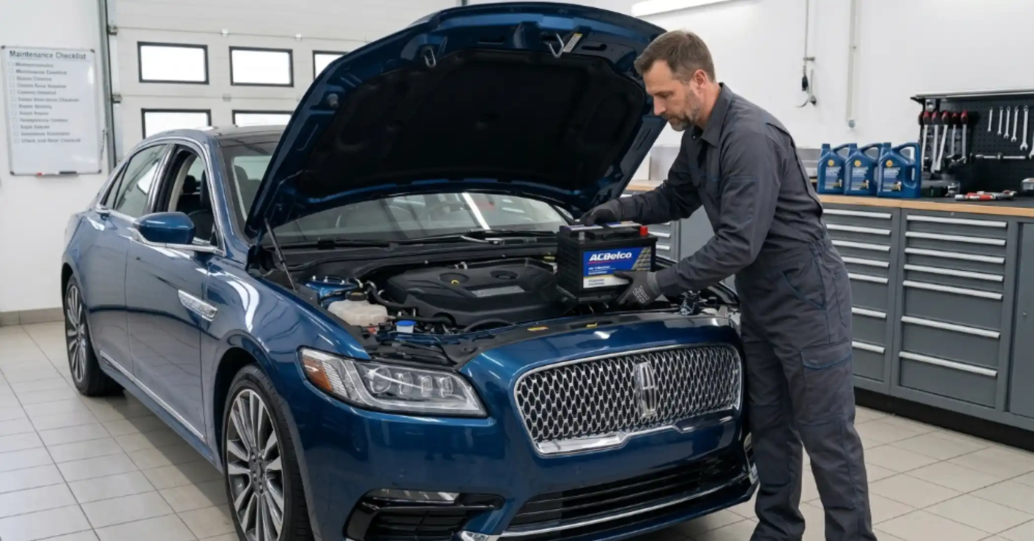 Technician fitting an ACDelco battery to a blue Lincoln saloon in a workshop