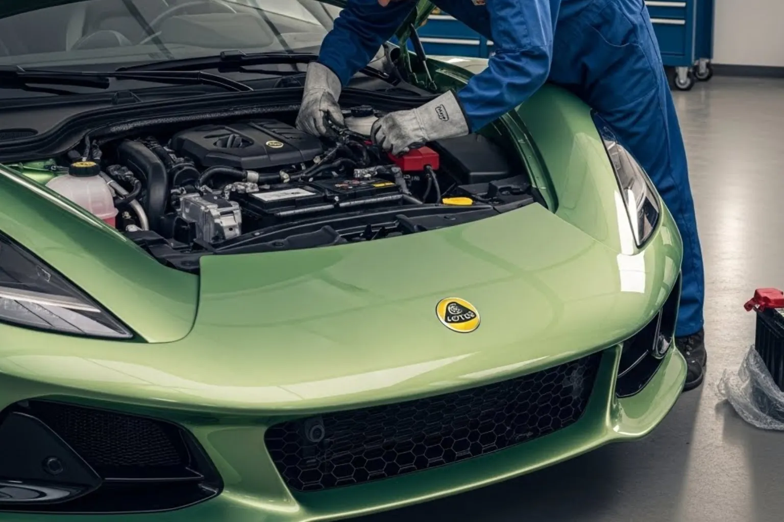 Technician working on the battery of a green Lotus sports car