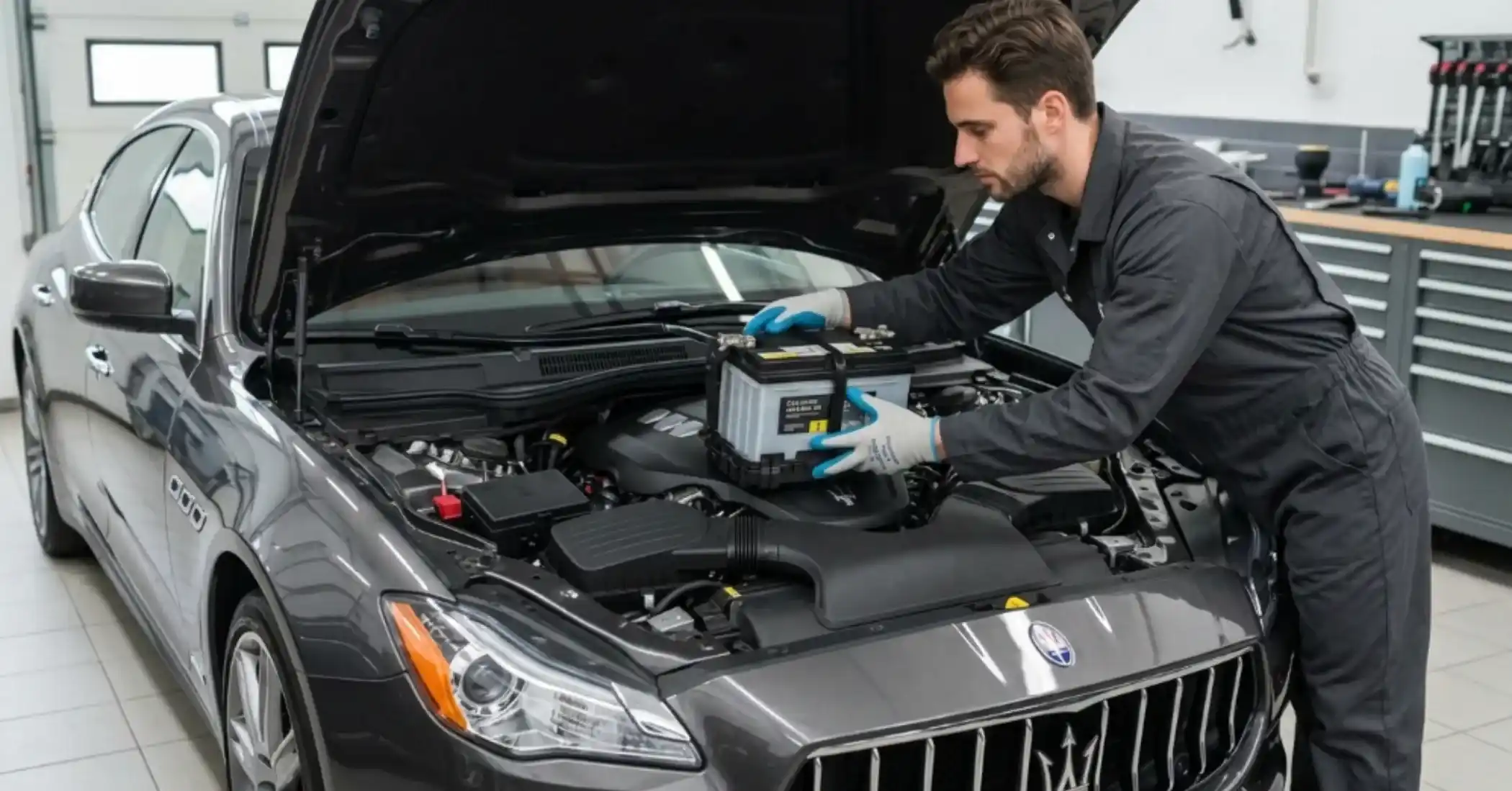 Technician lowering a battery into a grey Maserati in a workshop