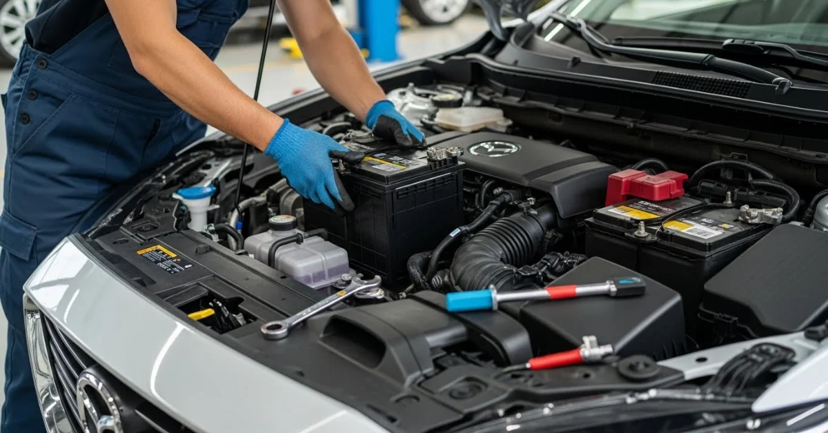 Blue-gloved technician fitting a battery in a silver Mazda's engine bay