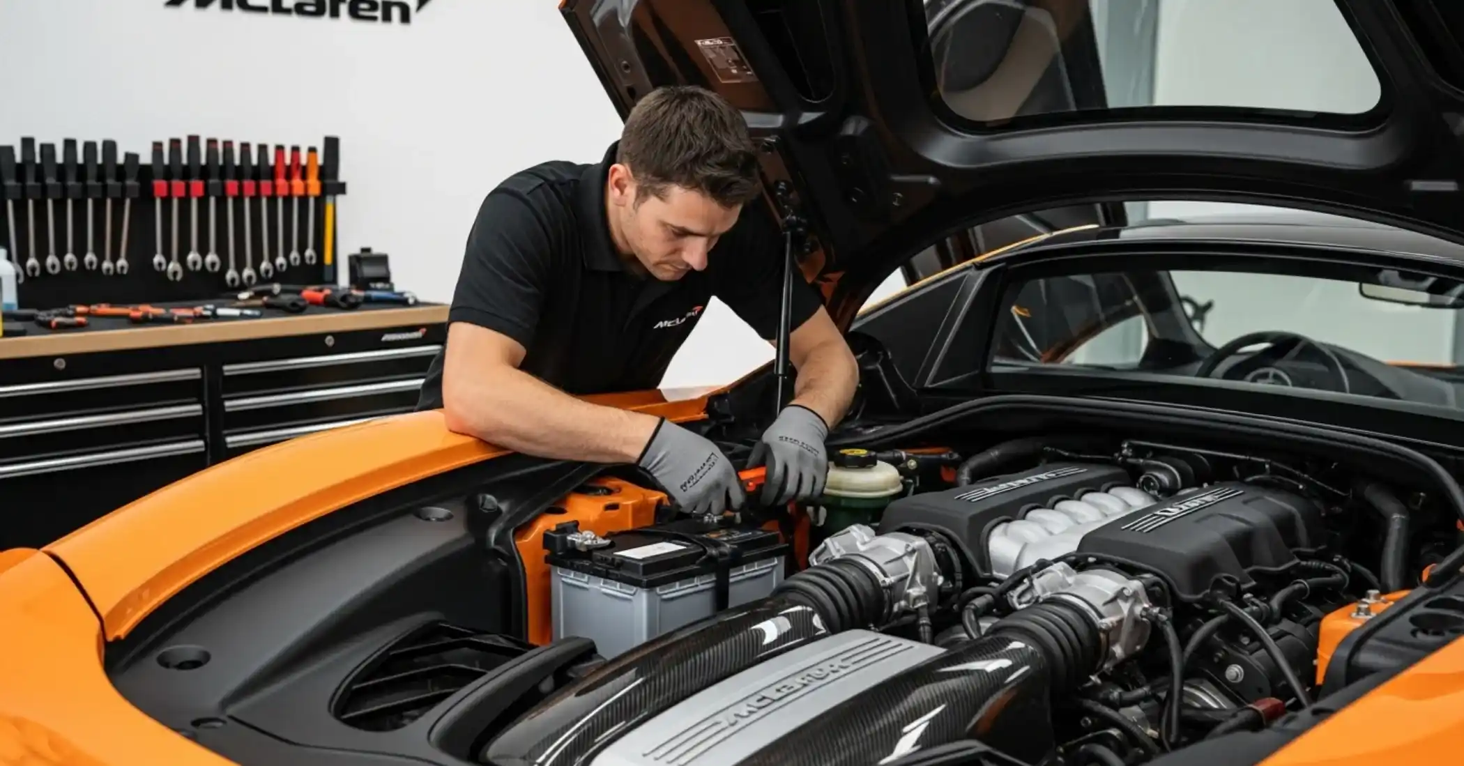 Technician working on the battery beside the engine of an orange McLaren
