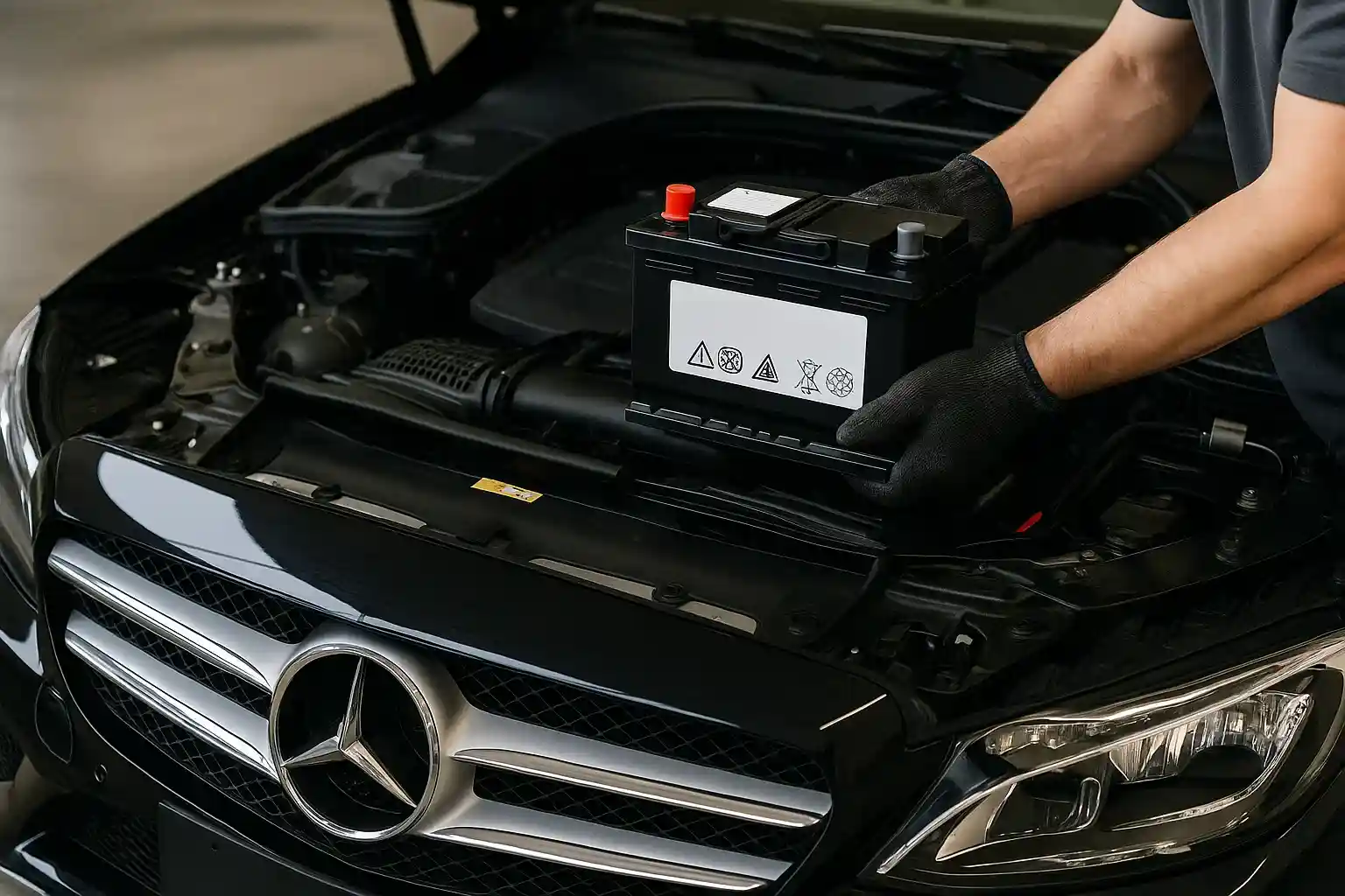Gloved hands lifting a battery from the engine bay of a black Mercedes-Benz