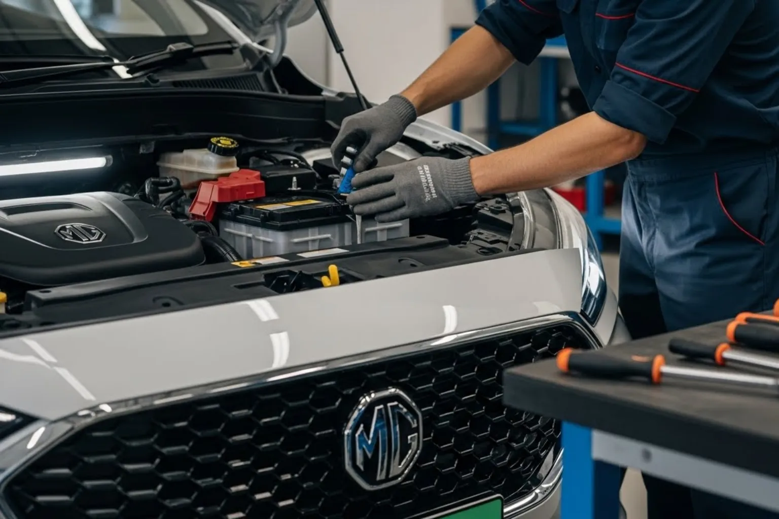 Technician connecting a battery in the engine bay of a silver MG