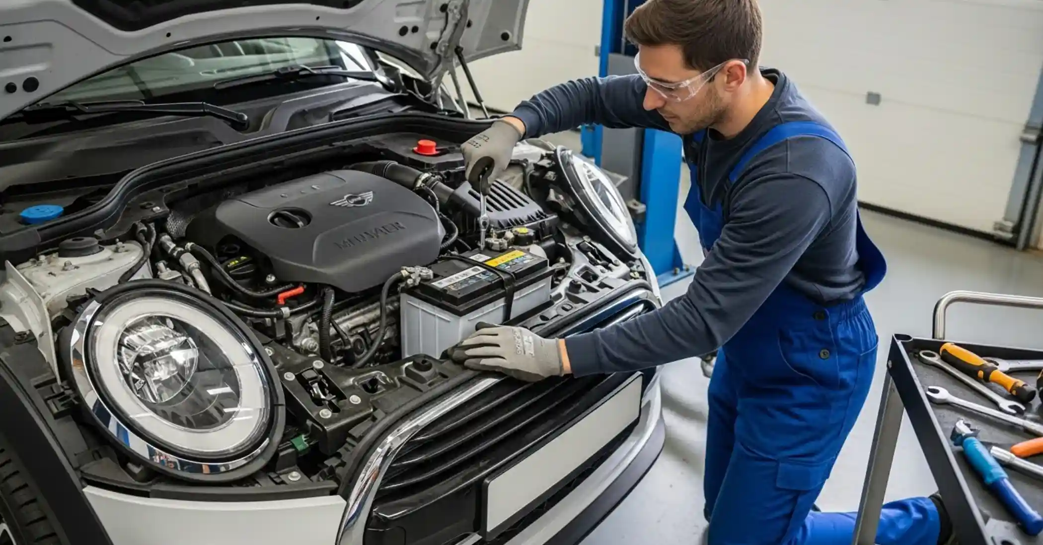 Technician fitting a battery to a white MINI with its bonnet open