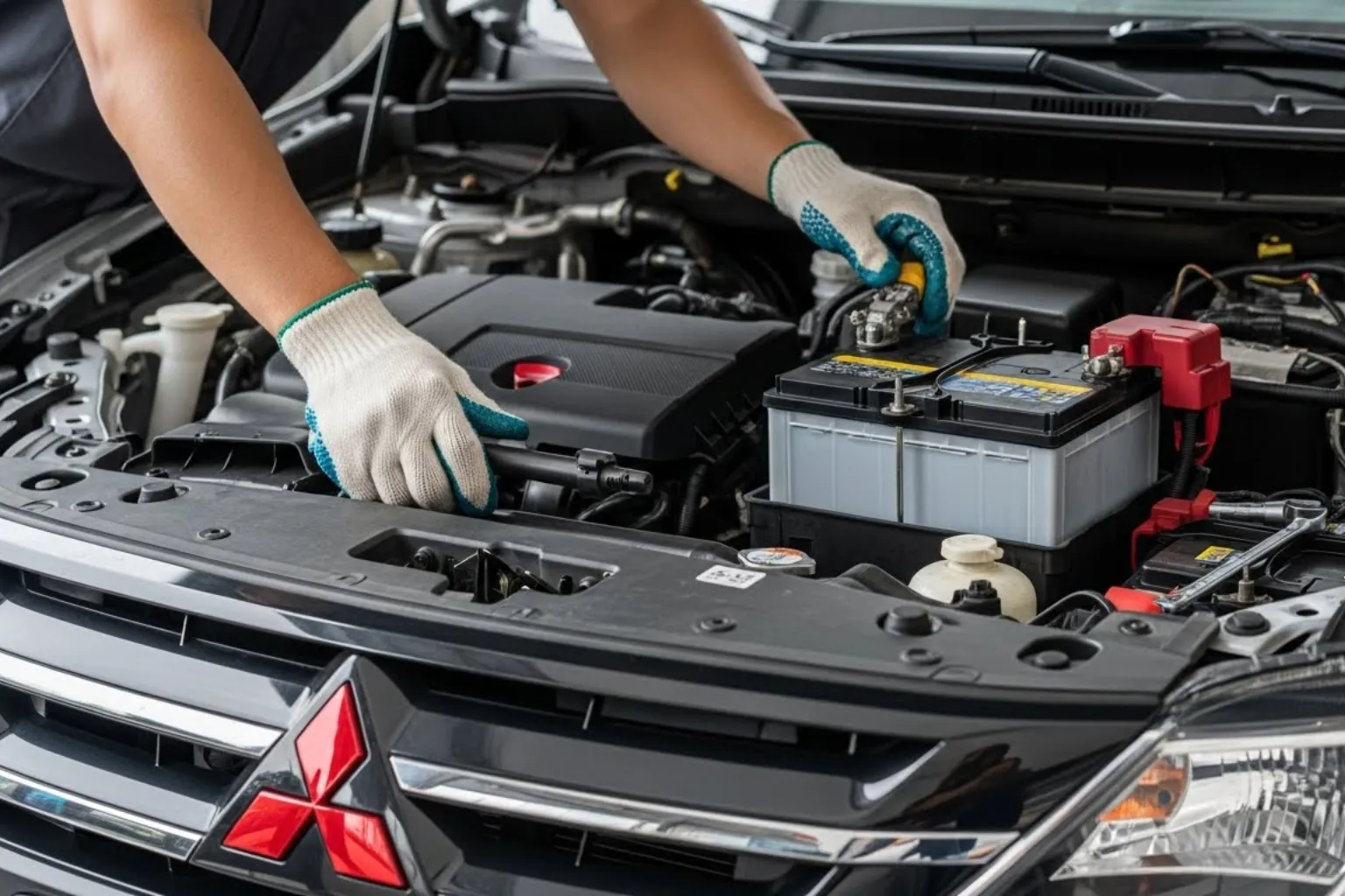 Gloved hands working on a battery clamp in a Mitsubishi engine bay