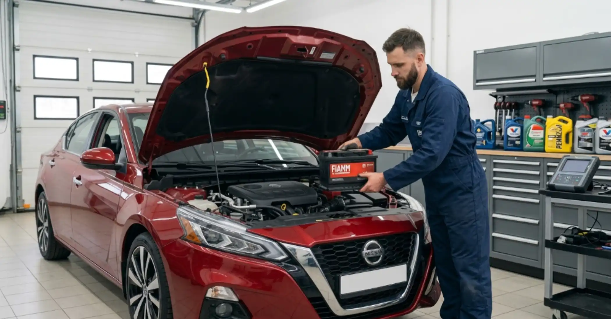 Technician fitting a FIAMM battery to a red Nissan saloon in a workshop
