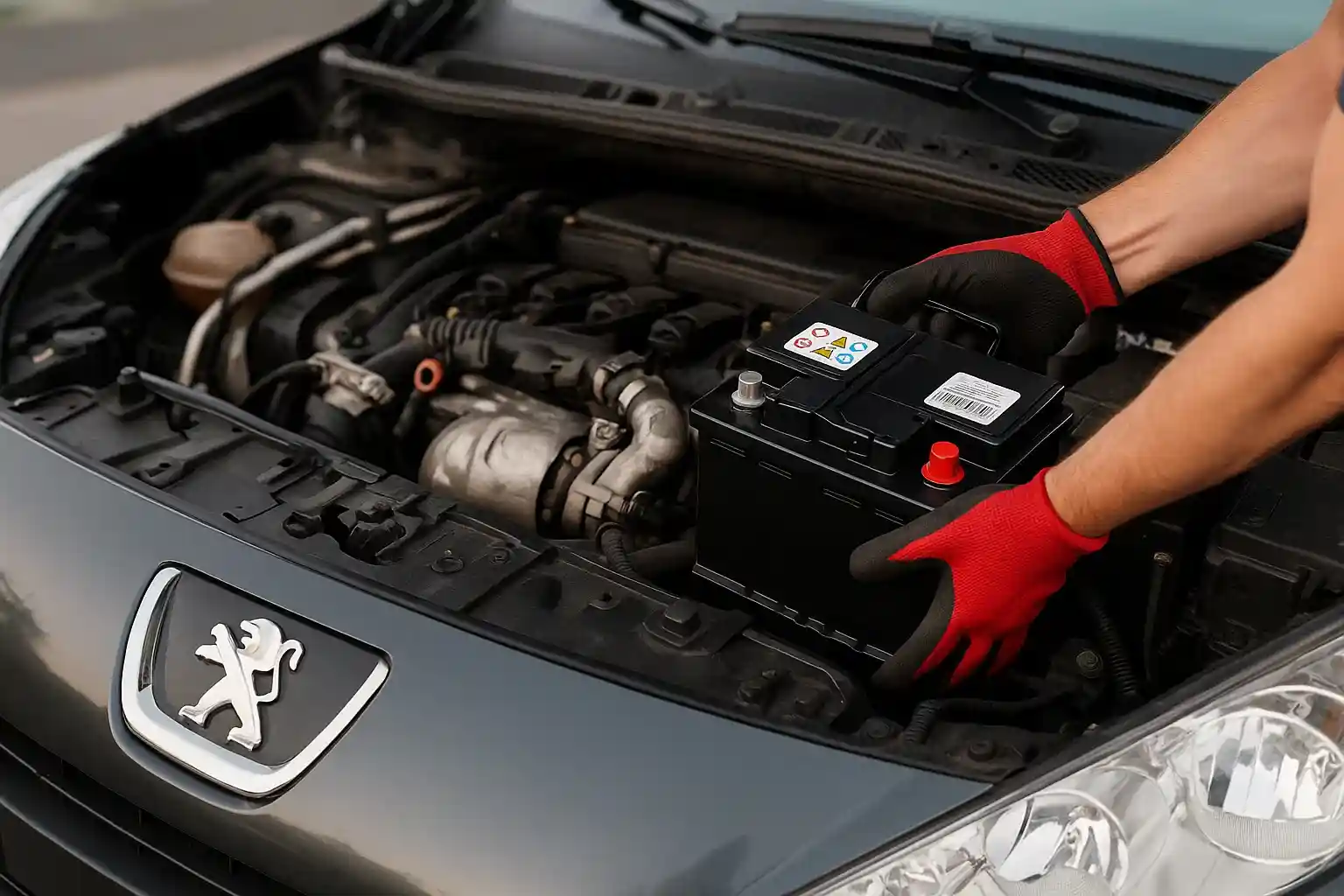 Red-gloved hands lifting the battery out of a Peugeot engine bay