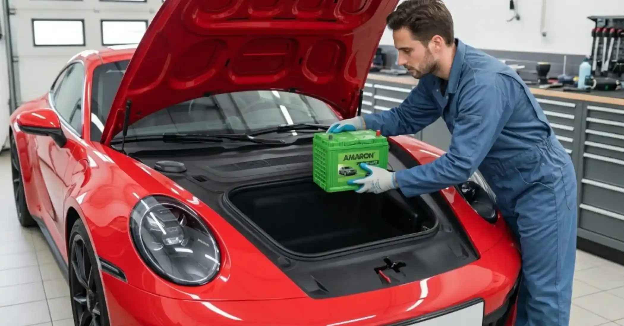 Technician lifting an Amaron battery into the front boot of a red Porsche 911