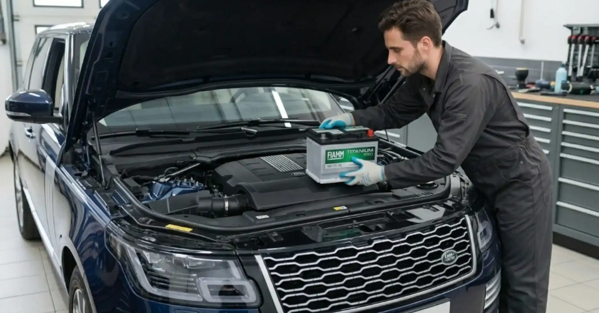 Technician lowering a FIAMM battery into a dark blue Range Rover