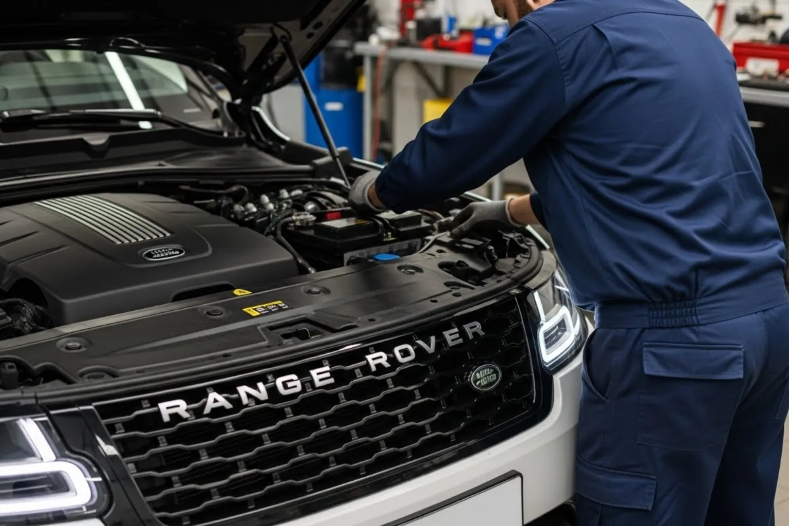 Technician working on the battery of a white Range Rover