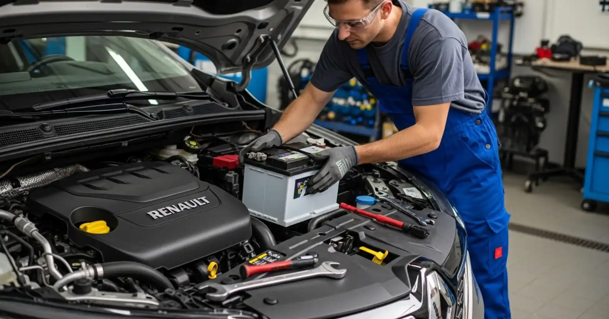Technician fitting a battery beside the engine cover of a Renault