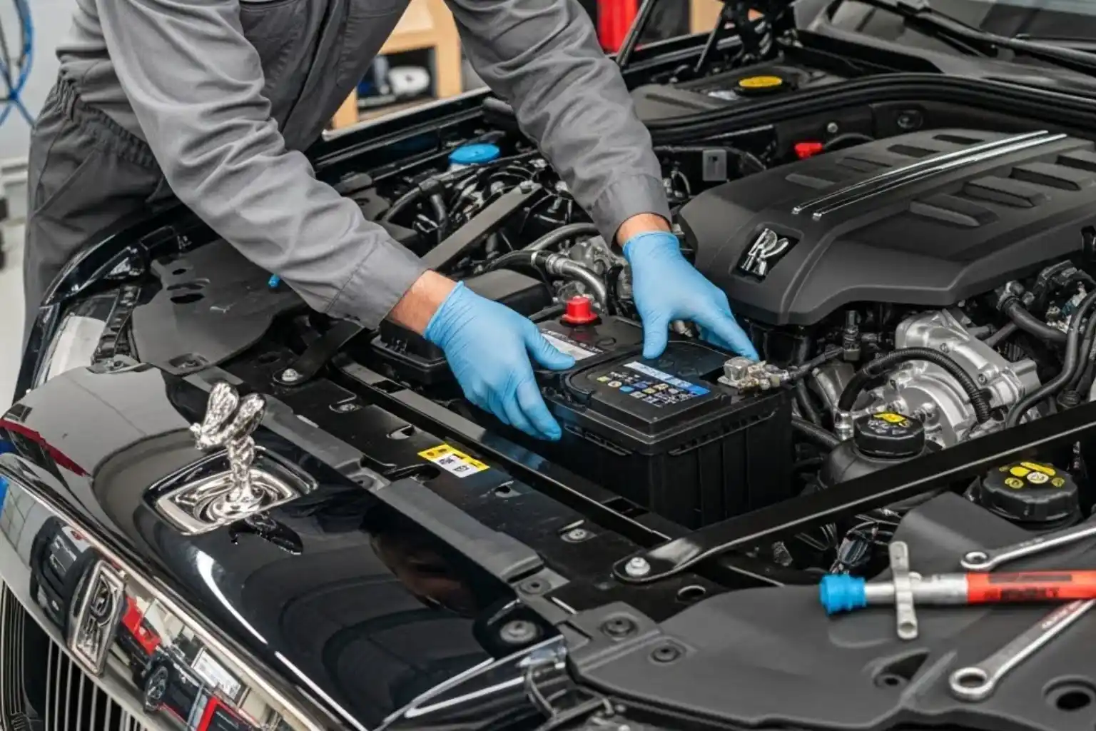 Blue-gloved technician working on the battery of a black Rolls-Royce