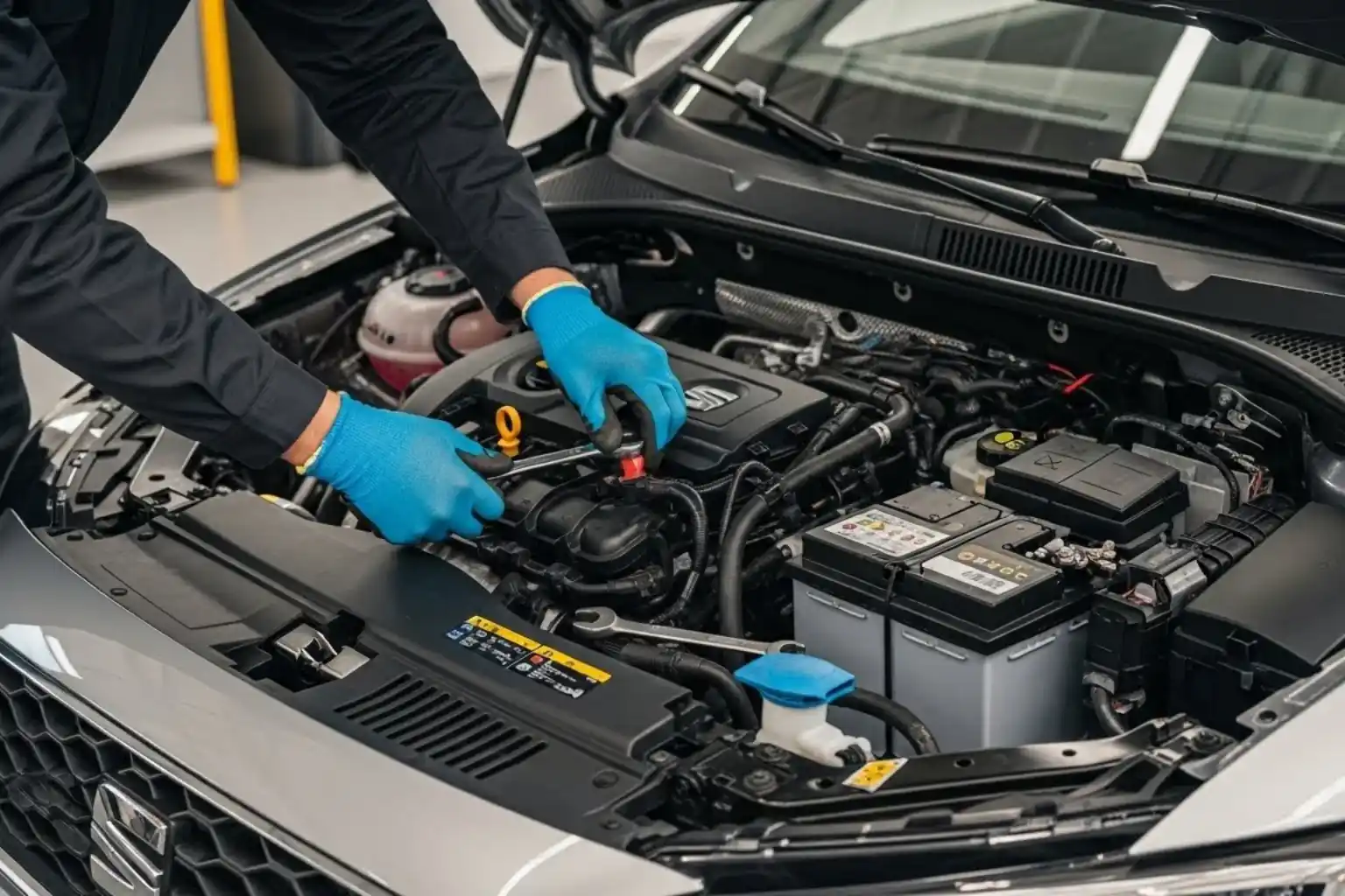 Blue-gloved technician connecting a battery in a SEAT engine bay
