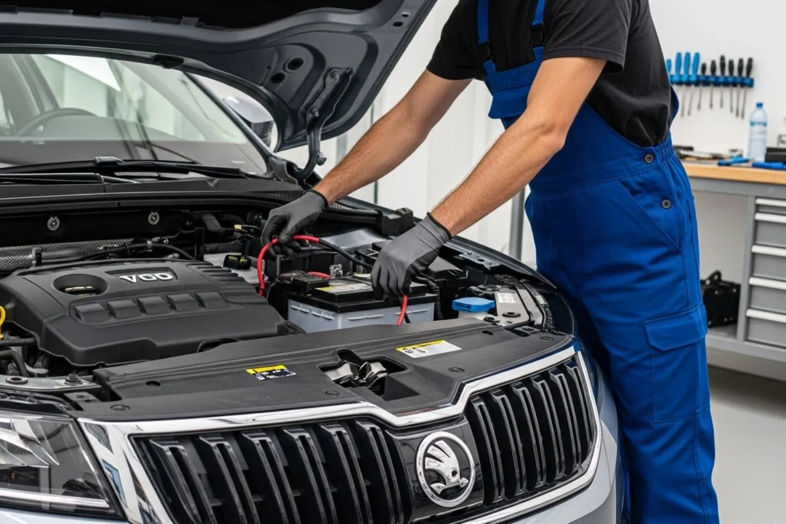Technician working on the battery of a silver Skoda under its raised bonnet