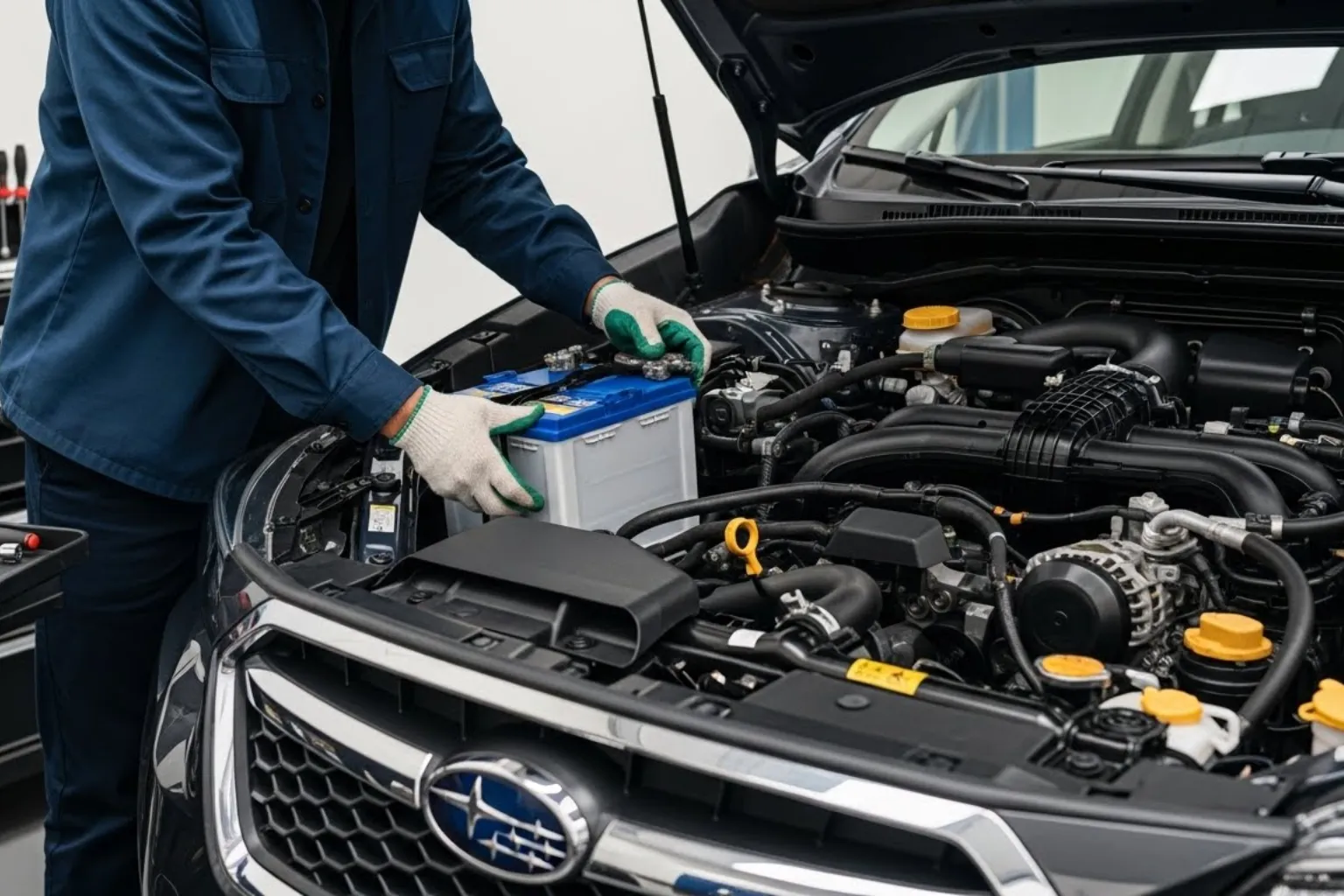 Technician fitting a battery to a Subaru with its bonnet raised