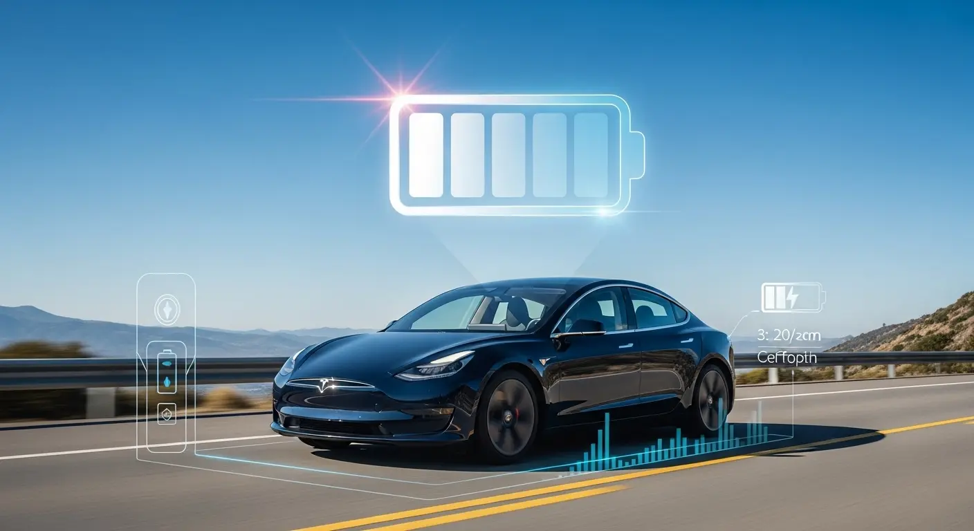 Dark Tesla on an open road under a glowing battery charge graphic