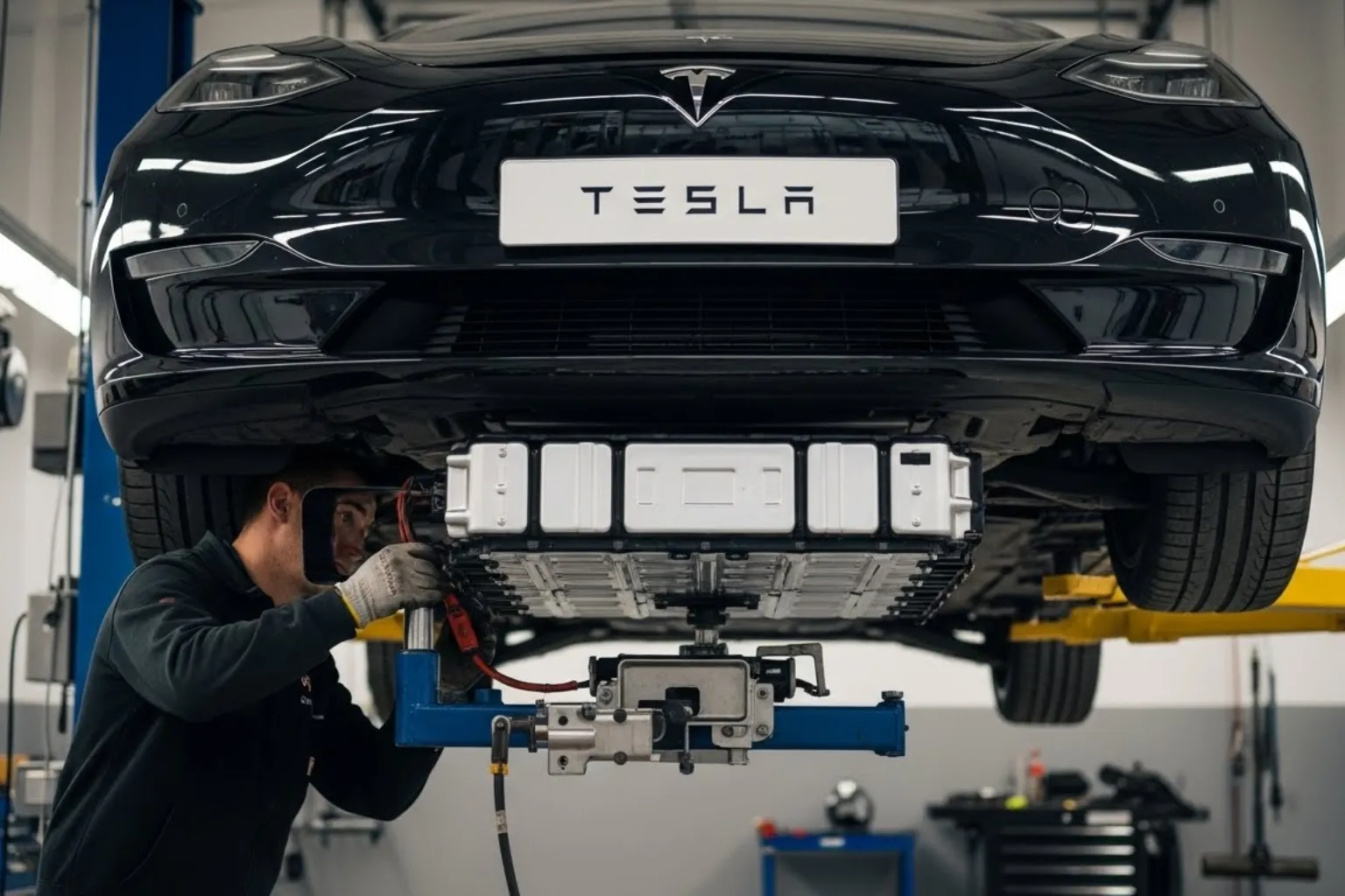 Technician working under a black Tesla on a lift, its battery pack exposed