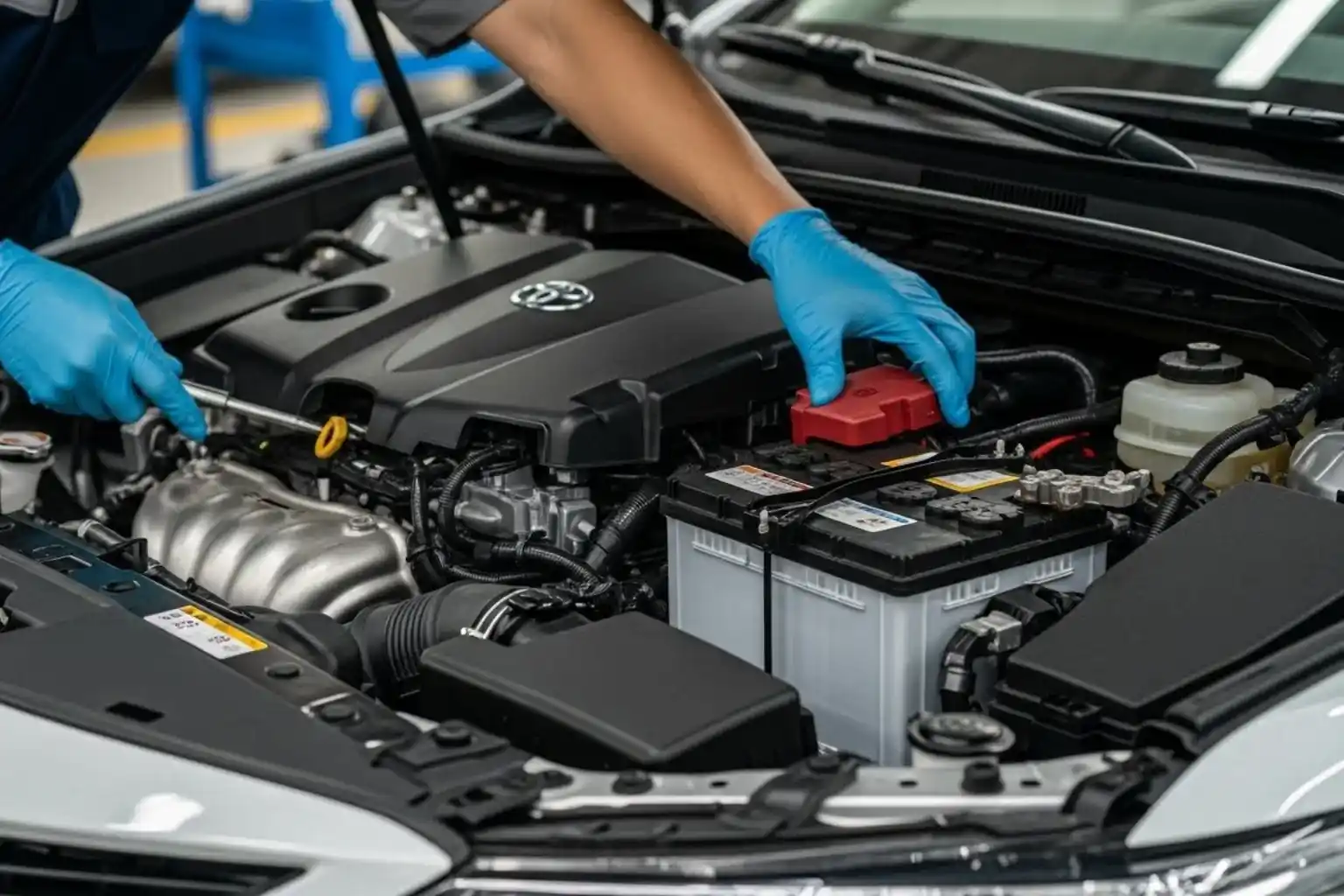 Blue-gloved hands working on the battery in a Toyota engine bay