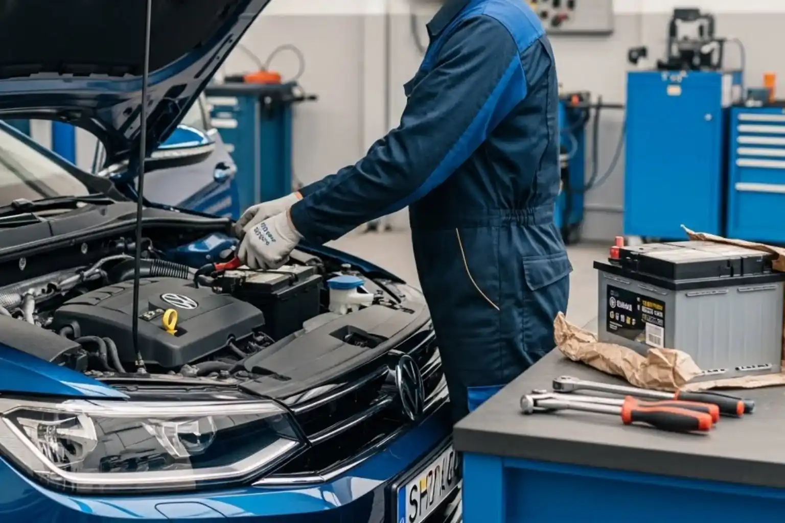 Technician working in a Volkswagen engine bay, a new battery on the bench