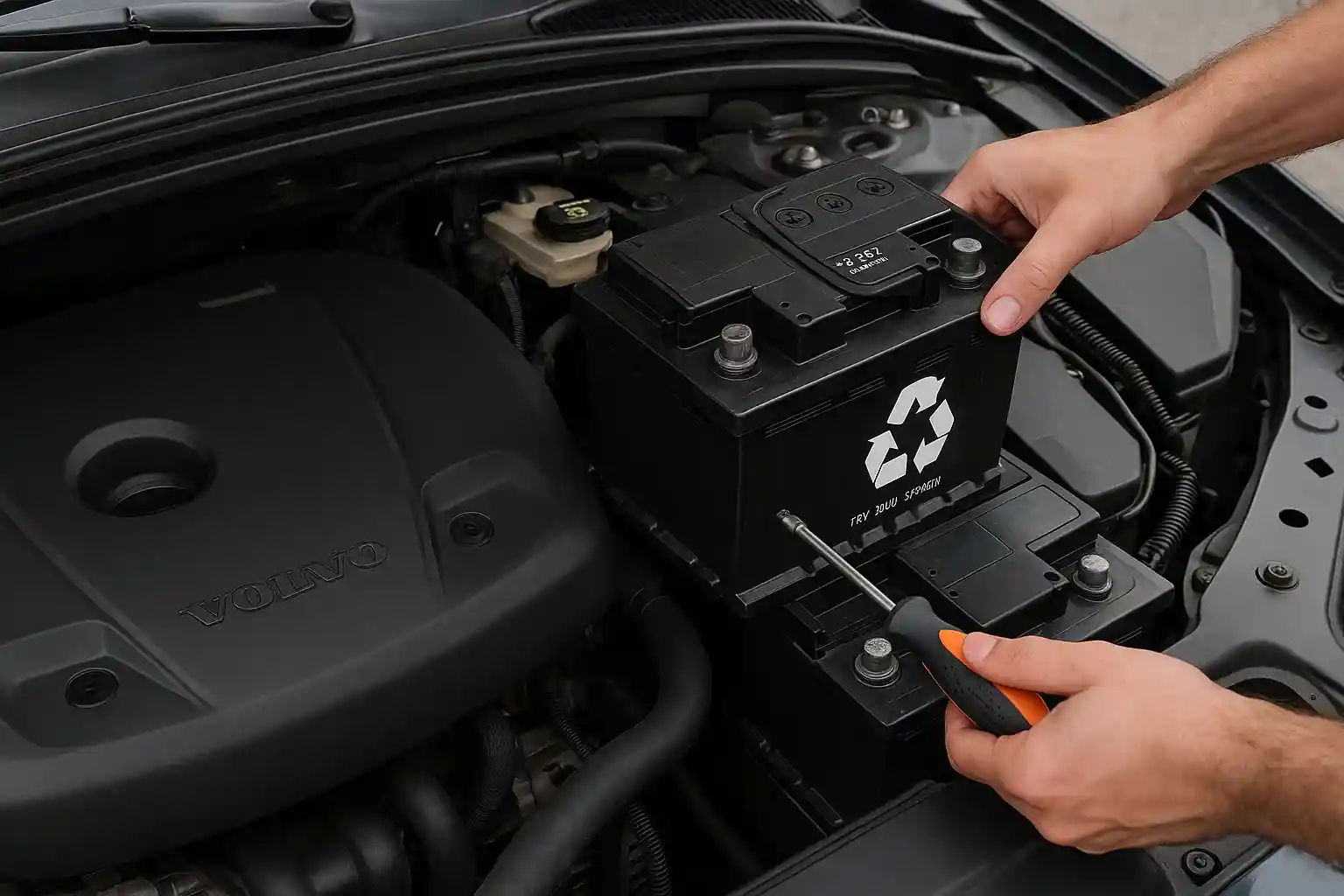 Hands fitting a battery with a screwdriver in a Volvo engine bay