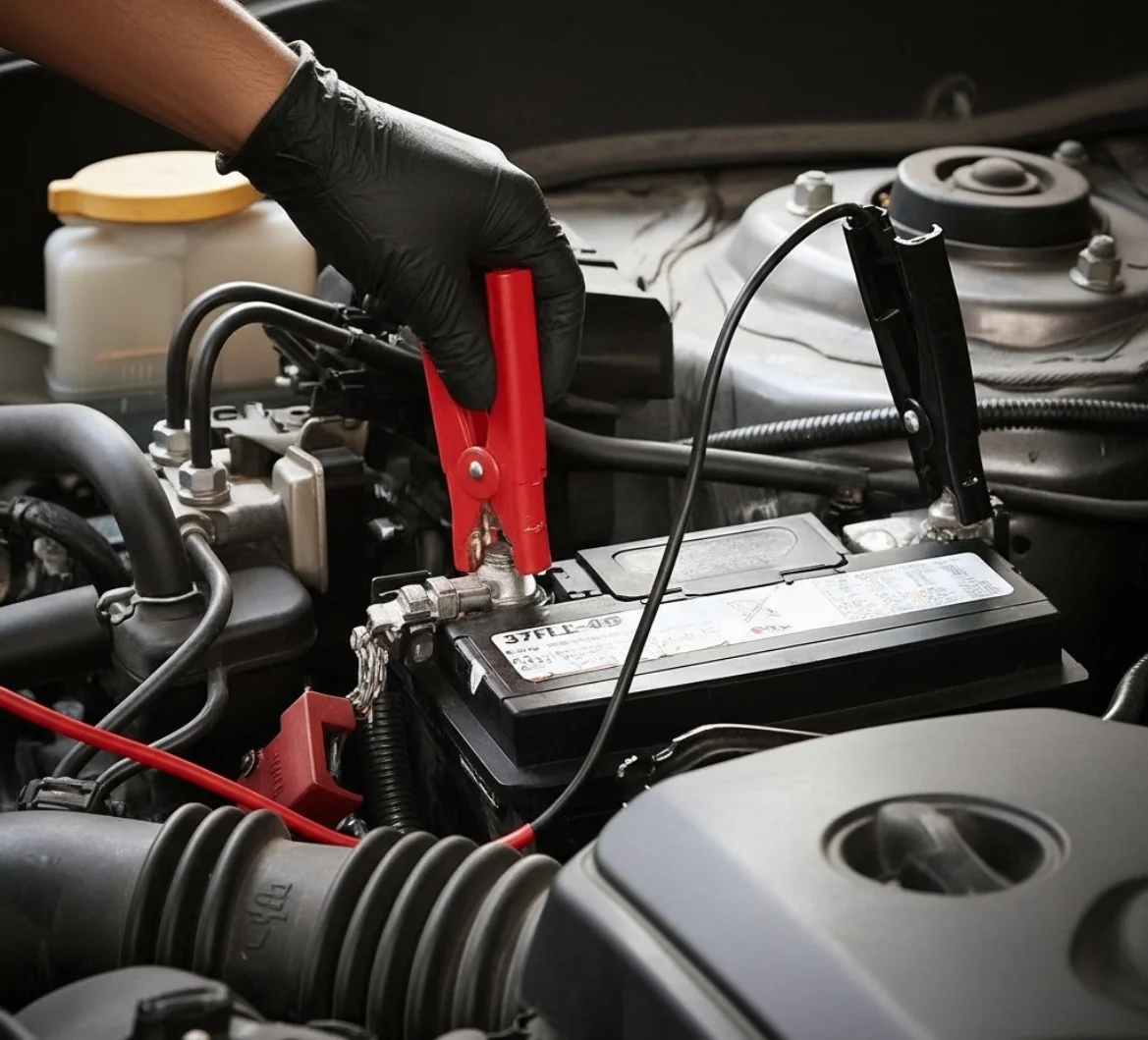 Red jump lead clamp on a battery terminal in an engine bay