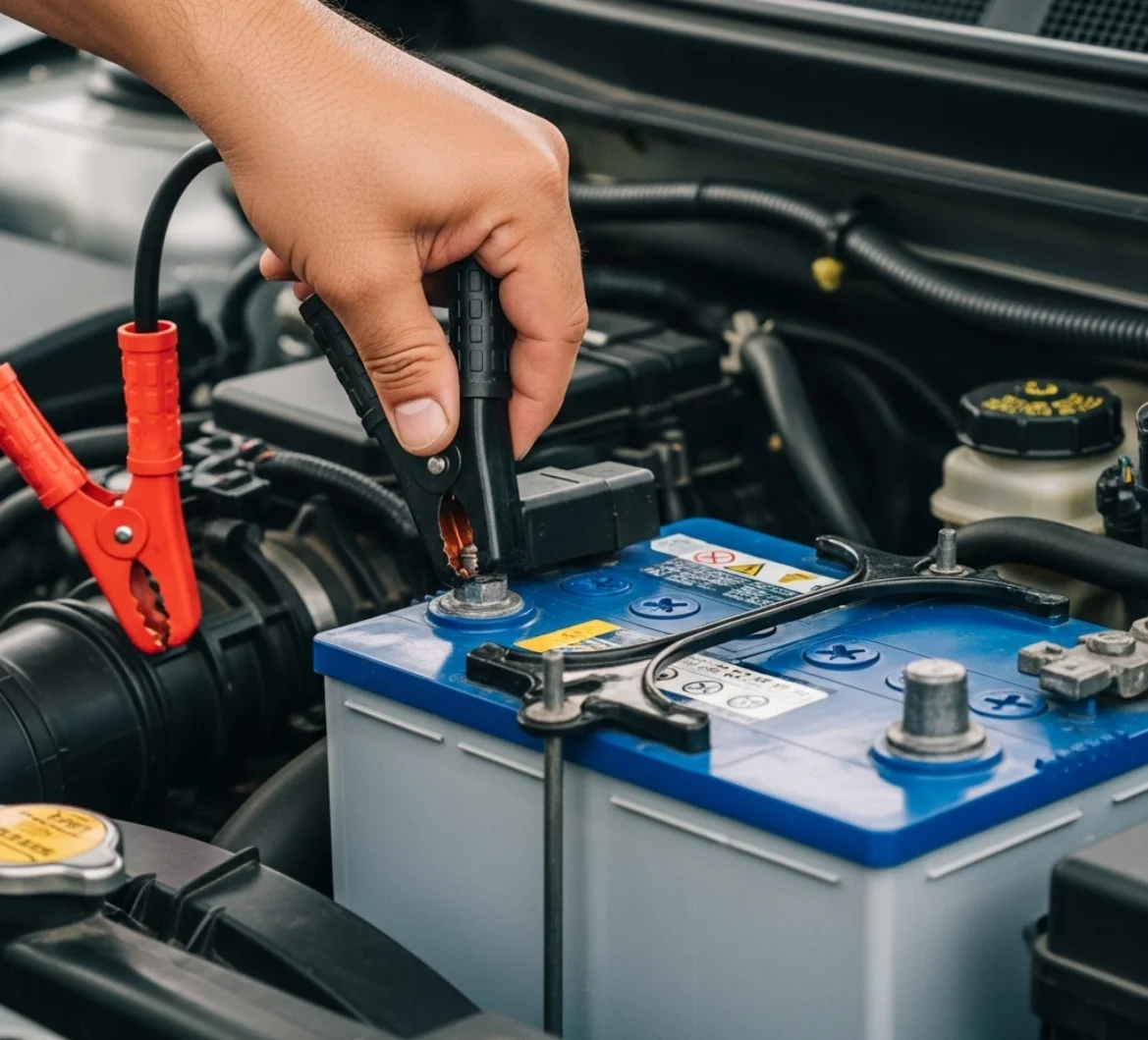 A hand clamping jump leads onto the terminals of a blue-topped battery