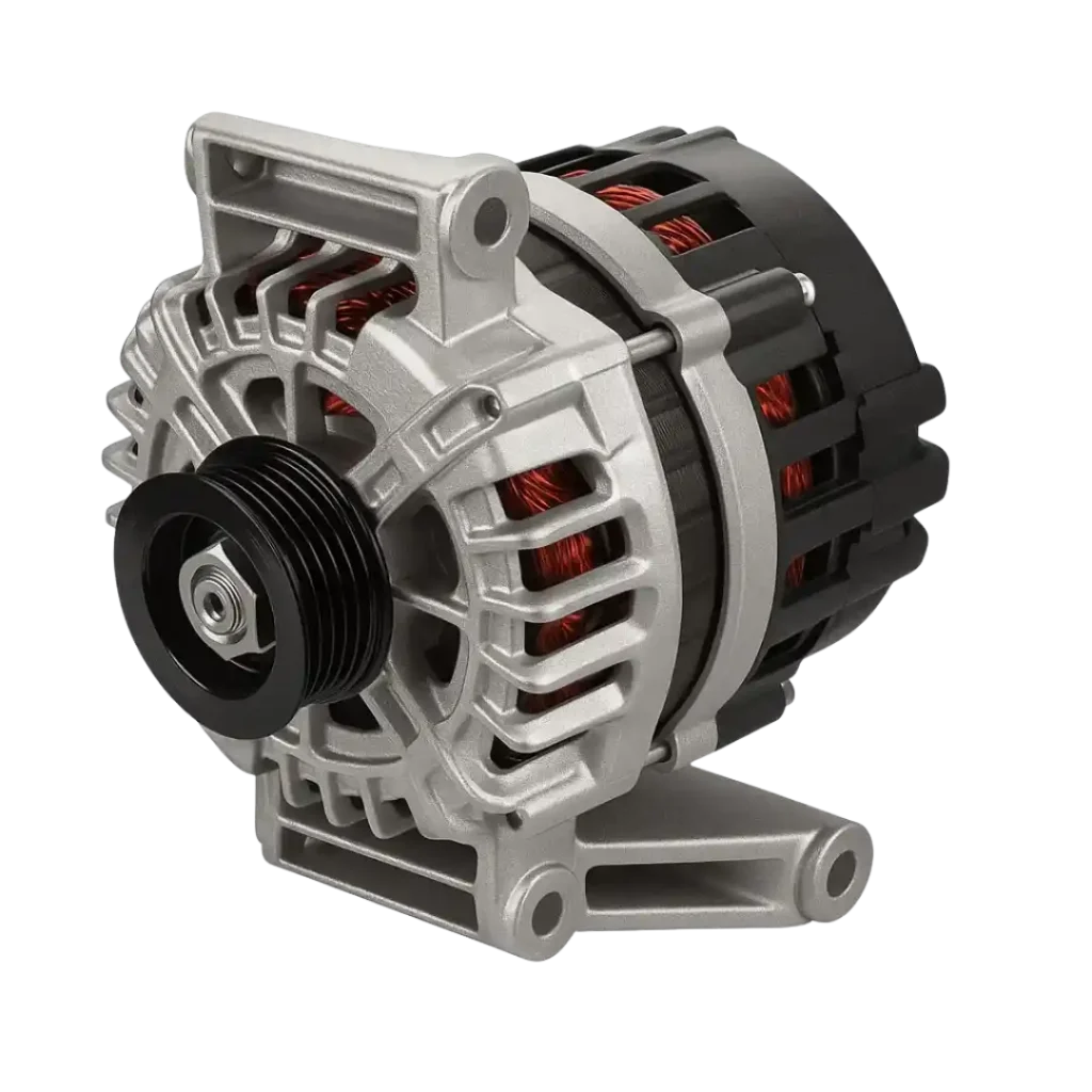A new replacement alternator, showing its pulley and cooling vents