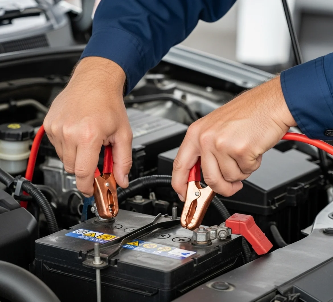 Hands fixing red jump lead clamps to the terminals of a car battery
