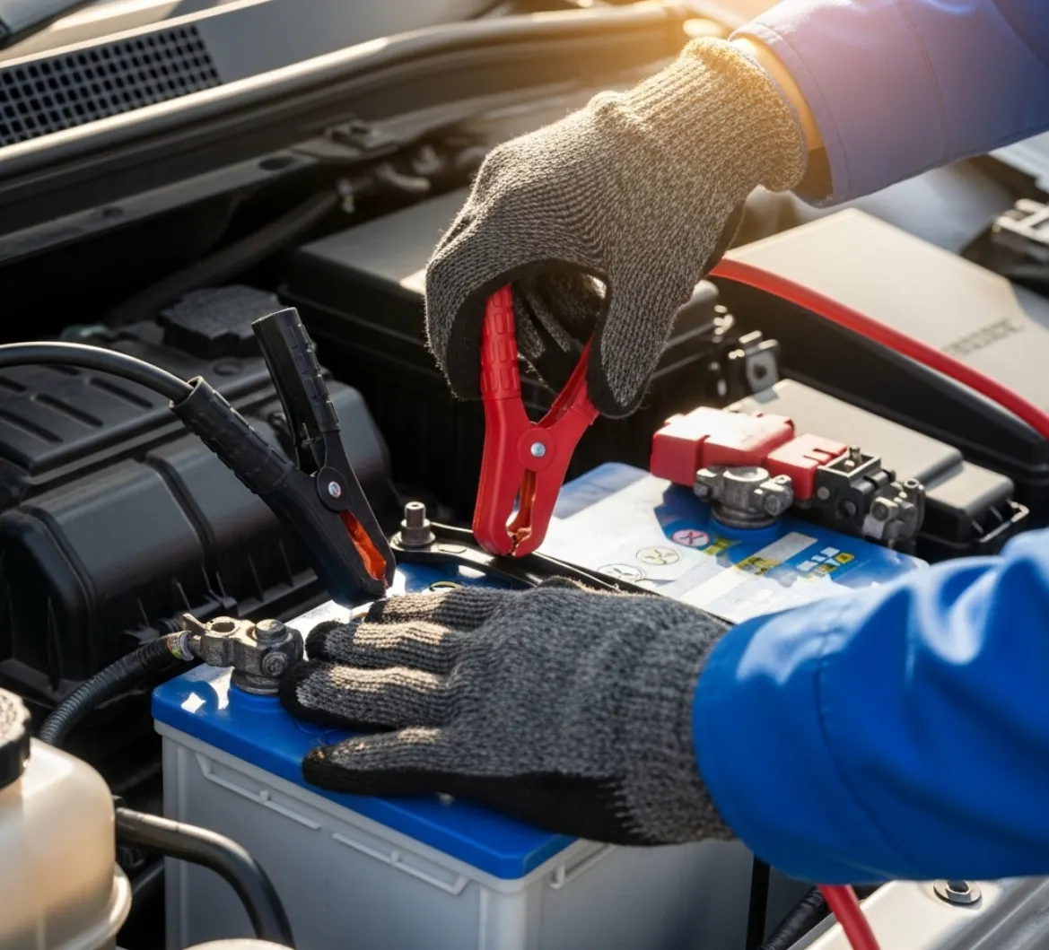 Gloved technician connecting a red clamp to a car battery's terminal
