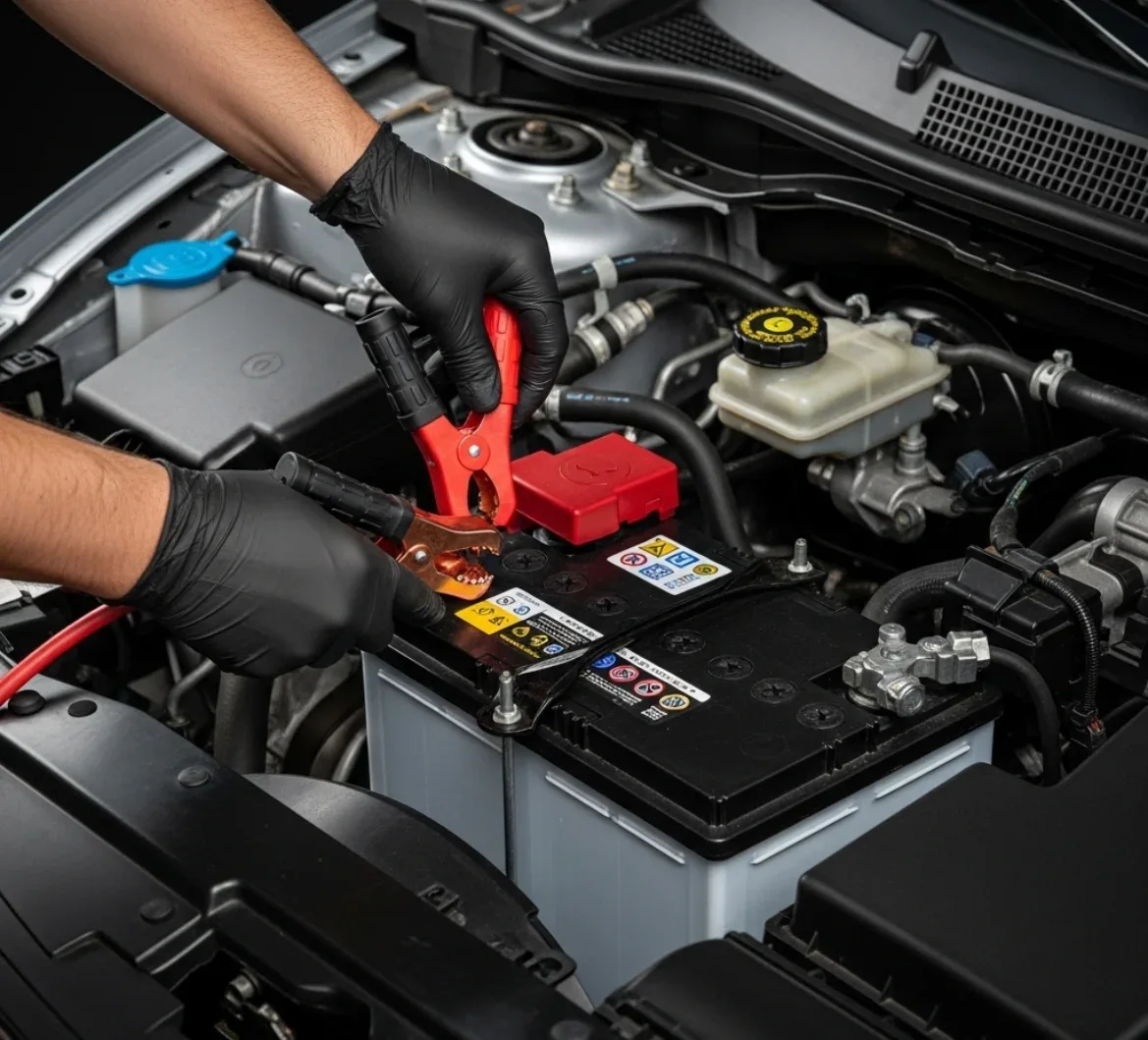 Gloved hands clamping a red jump lead to a battery terminal