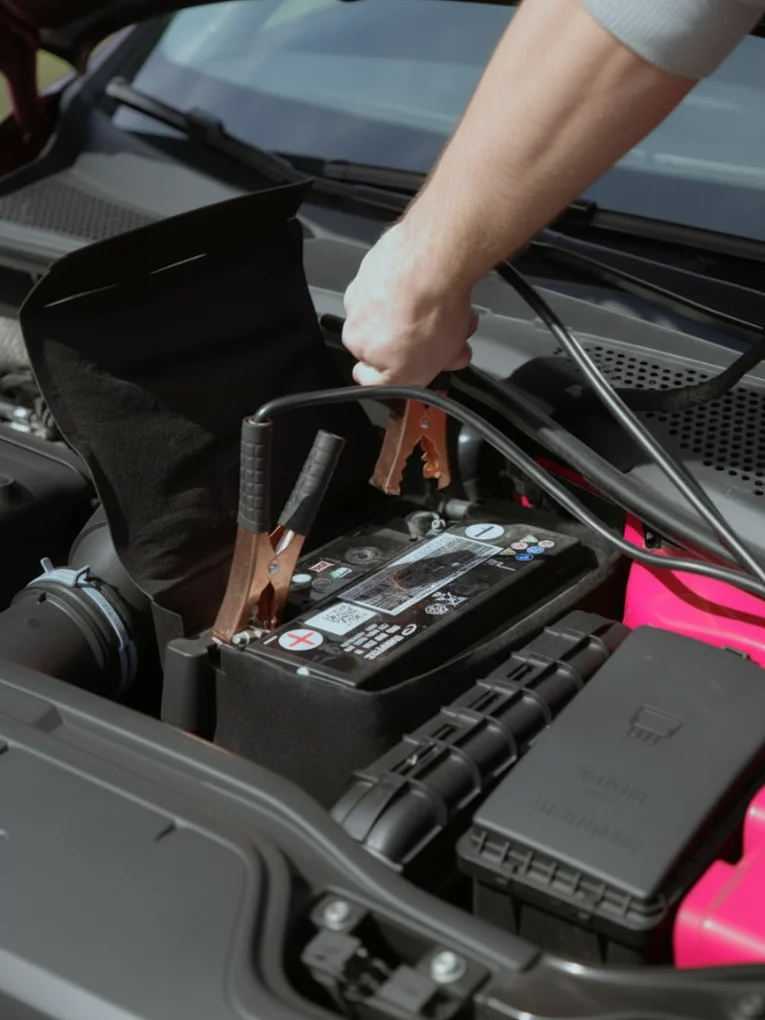 A hand fixing the clamps of jump leads to a battery in a car's engine bay