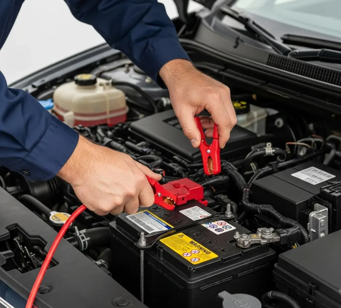Hands clamping red jump leads onto a battery's terminals
