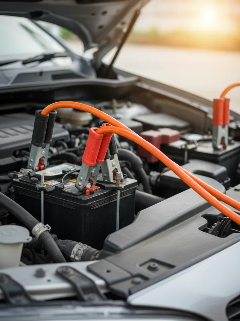 Orange jump leads clamped to a battery in a sunlit engine bay