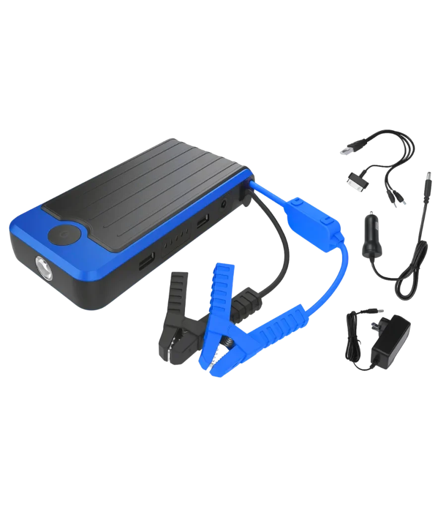 Portable jump starter pack with its clamps and charging cables