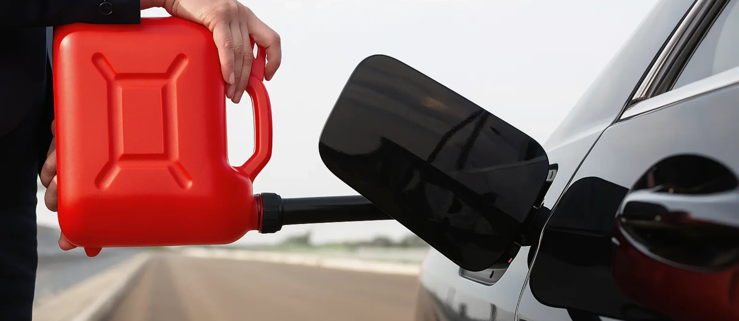 Red fuel can emptying into the filler neck of a black car