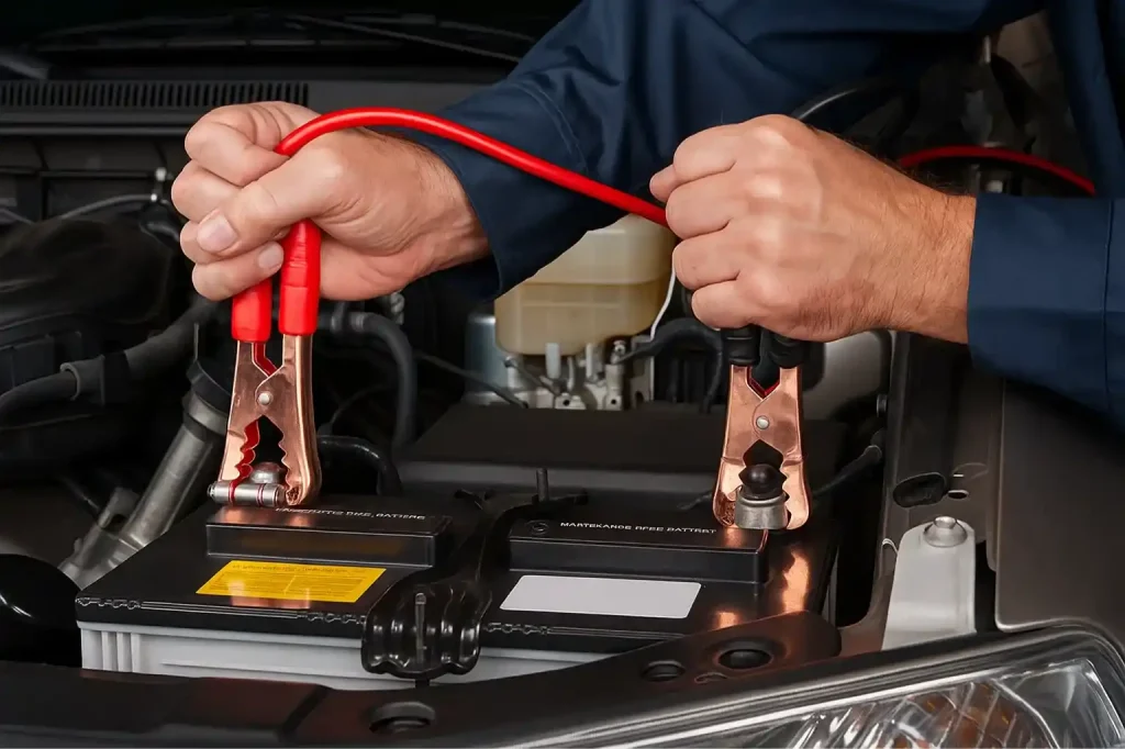 Technician at the open back of a service van stocked with batteries