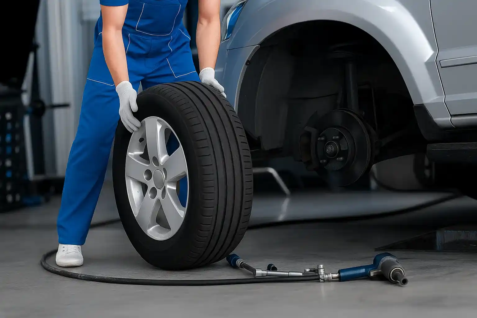 Technician rolling a wheel and tyre towards a raised car in a workshop