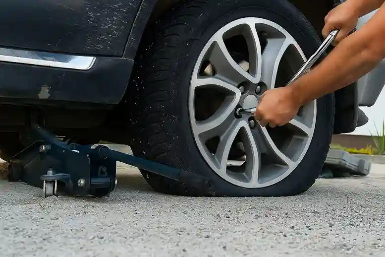 Hand loosening the wheel nuts beside a flat tyre, with a jack under the car